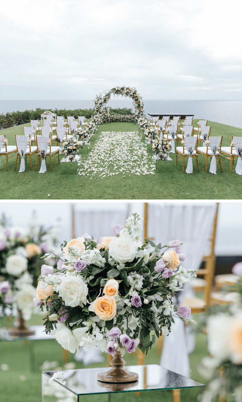 Trauung im Freien, Blumendeko Trauung, elegante Hochzeitsdeko