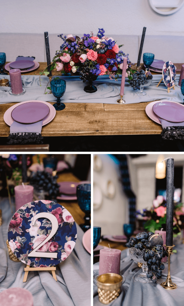 Tischdeko mit lilafarbenen Akzenten