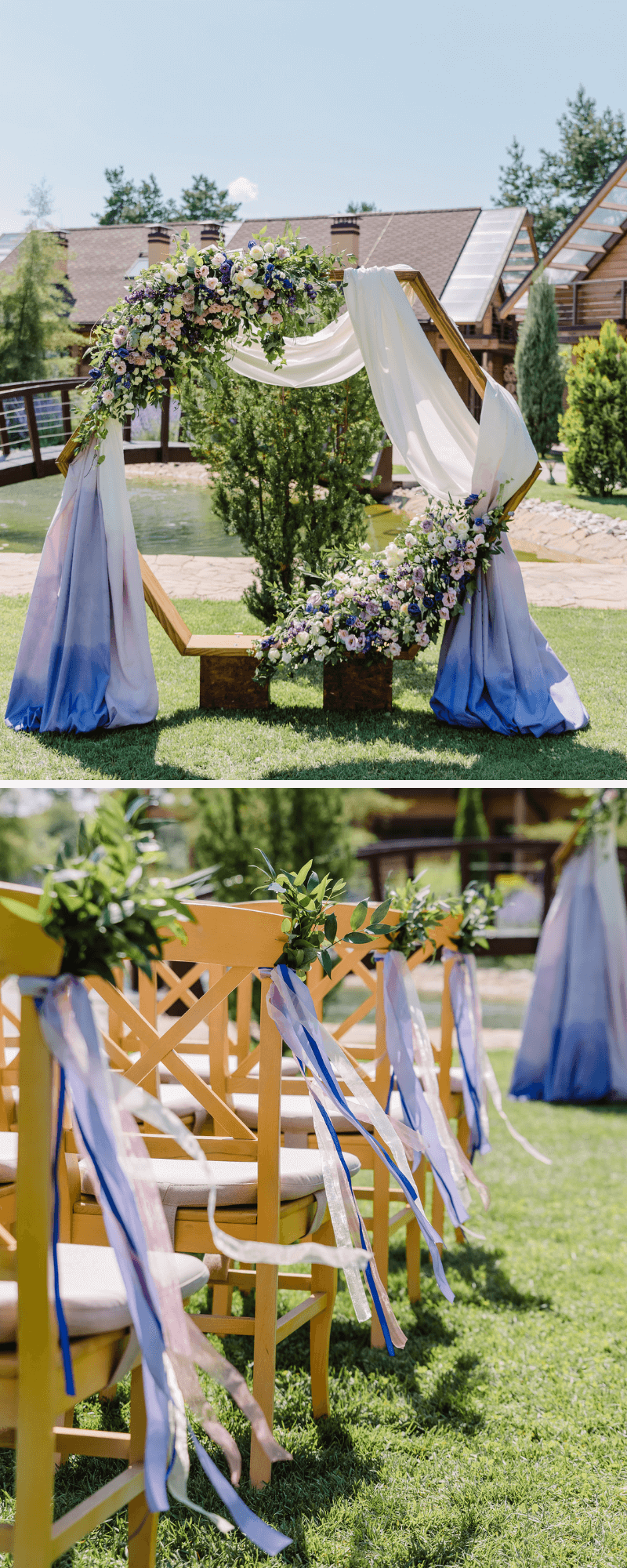 Outdoor Hochzeit, Traubogen originell, Hochzeitsdeko blau