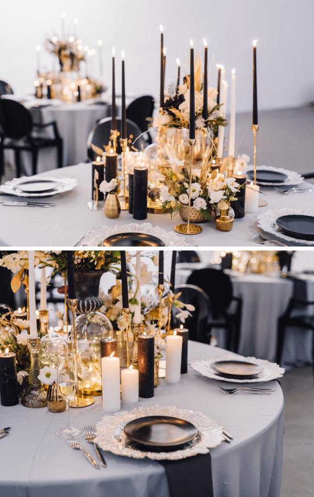 Elegante Tischdeko in Schwarz und Gold