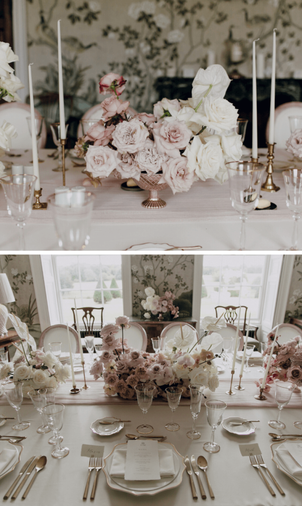 Tischdeko Hochzeit elegant in Rosa und Weiß