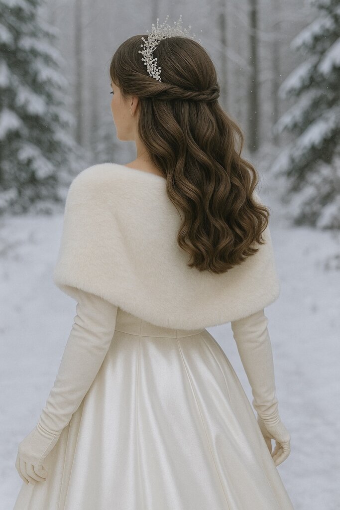 Tiara wie aus Morgentau als Brautstyling-Idee für eine Heirat im Winter