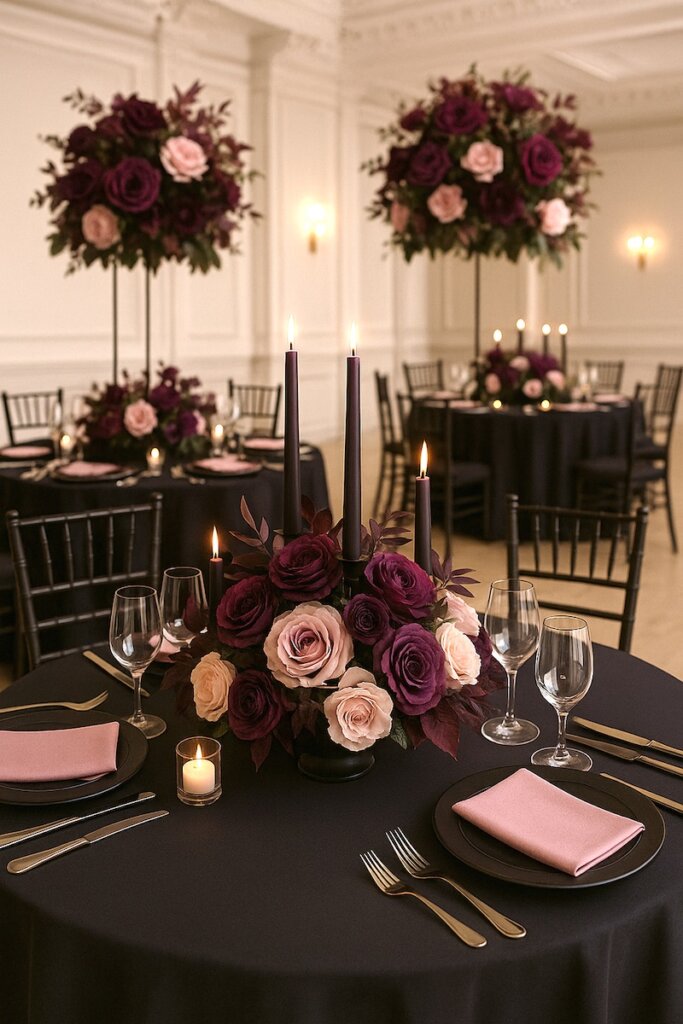 Purple, Schwarz und Rosé als Farbkonzept zum Heiraten im Winter